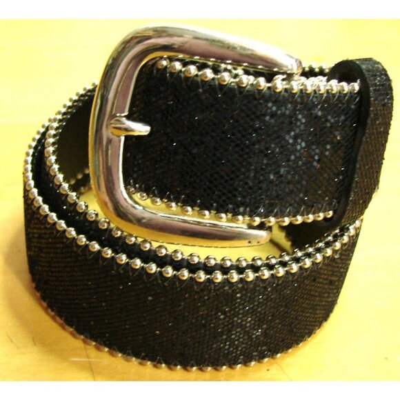 Hot Topic Size 32 Black Glitter Sparkle Belt Silver Stud Edge Buckle Fashion Vtg - Picture 1 of 10